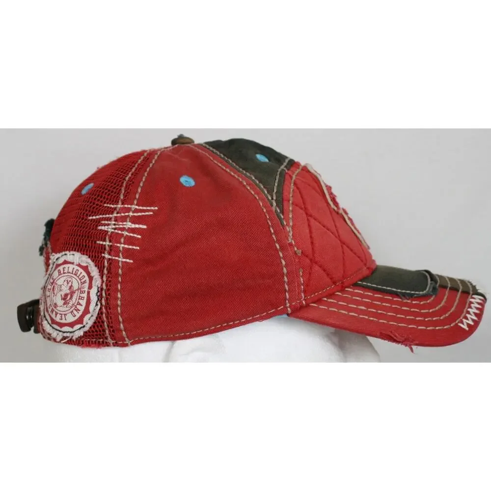 True Religion Hat Mens OSFA Red Distressed Trucker Cap Y2K Buddha Logo